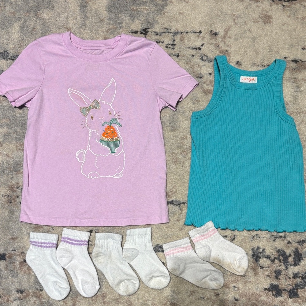 Cat & Jack Lavender Bunny Tee and Teal Tank top size 5T